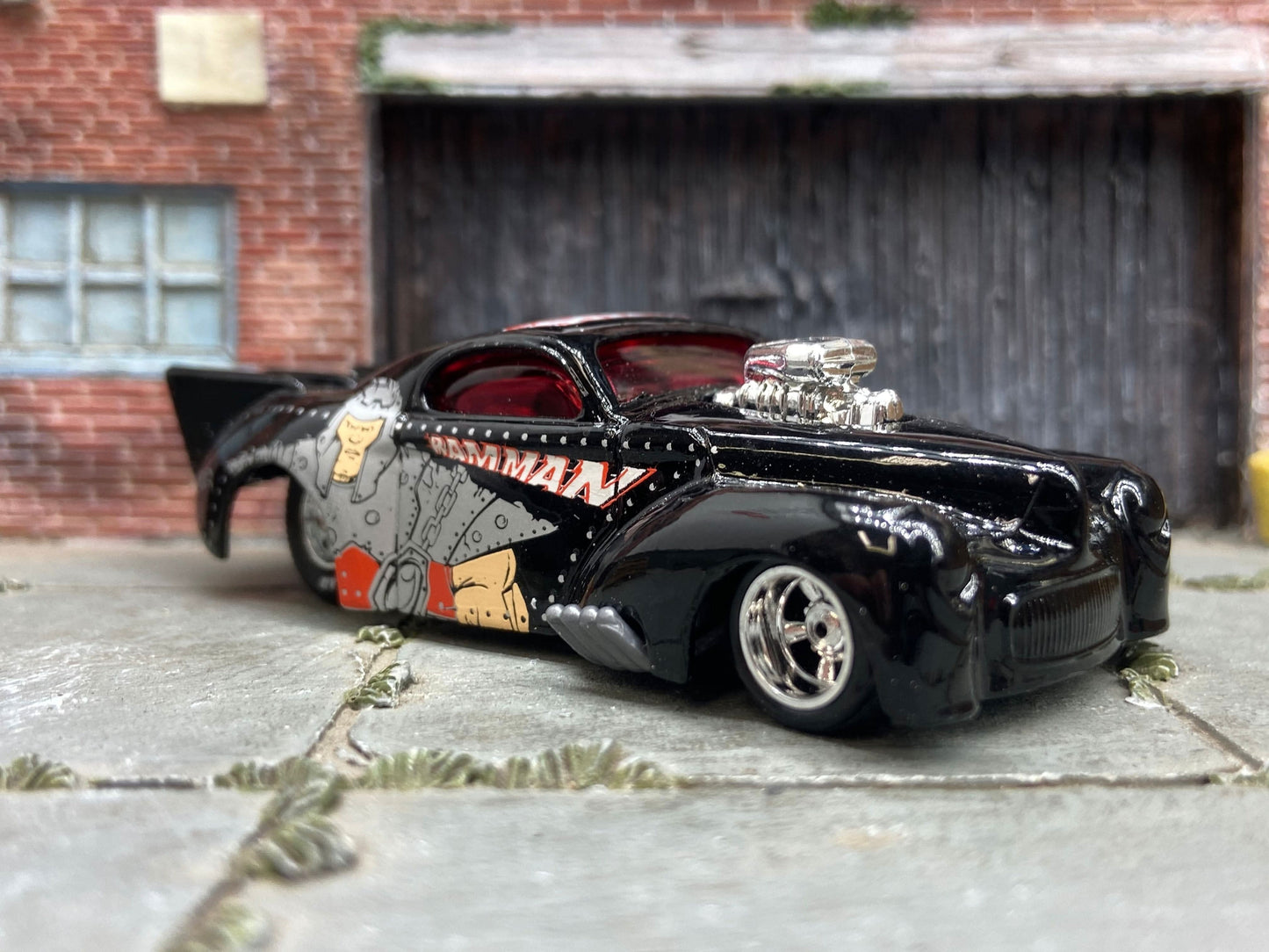 Custom Hot Wheels 1941 Willys Coup Drag Car In Master of the Universe Ram Man Livery With American Racing Wheels With Goodyear Rubber Tires