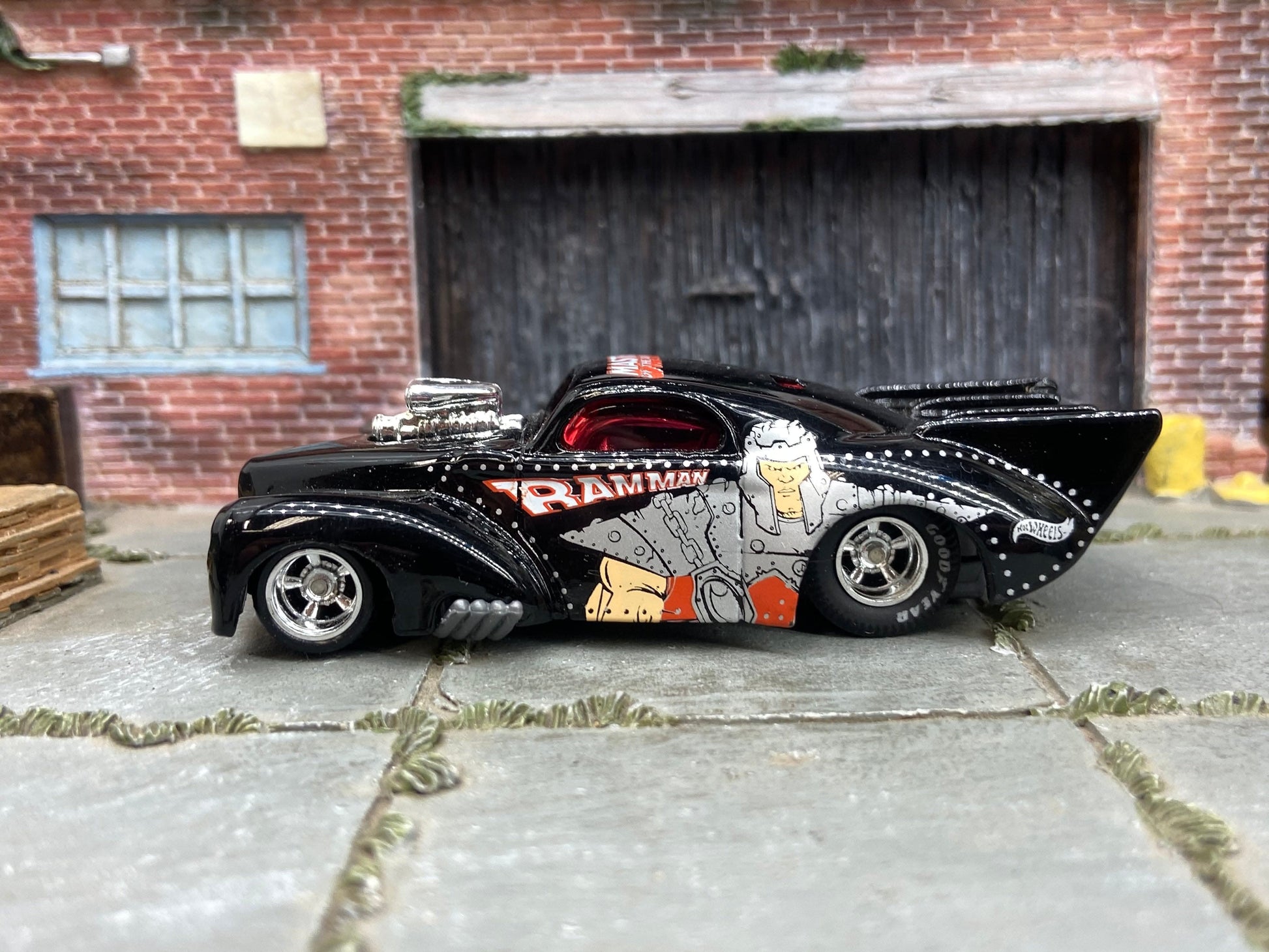Custom Hot Wheels 1941 Willys Coup Drag Car In Master of the Universe Ram Man Livery With American Racing Wheels With Goodyear Rubber Tires