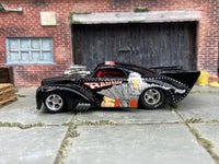 Custom Hot Wheels 1941 Willys Coup Drag Car In Master of the Universe Ram Man Livery With American Racing Wheels With Goodyear Rubber Tires