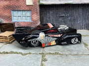 Custom Hot Wheels 1941 Willys Coup Drag Car In Master of the Universe Ram Man Livery With American Racing Wheels With Goodyear Rubber Tires