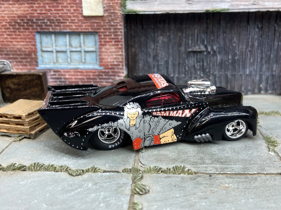 Custom Hot Wheels 1941 Willys Coup Drag Car In Master of the Universe Ram Man Livery With American Racing Wheels With Goodyear Rubber Tires