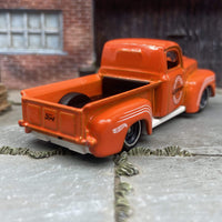 Custom Hot Wheels 1949 Ford F1 Pick Up Truck In Orange and White With Gray and Chrome 5 Star Wheels With Rubber Tires