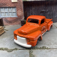 Custom Hot Wheels 1949 Ford F1 Pick Up Truck In Orange and White With Gray and Chrome 5 Star Wheels With Rubber Tires