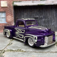 Custom Hot Wheels 1949 Ford F1 Truck In Purple and Tan With White 5 Spoke Wheels With Rubber Tires