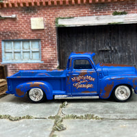 Custom Hot Wheels 1952 Chevy Pick Up Truck In Rat Rod Blue With Chrome Smoothie Wheels With Rubber Tires