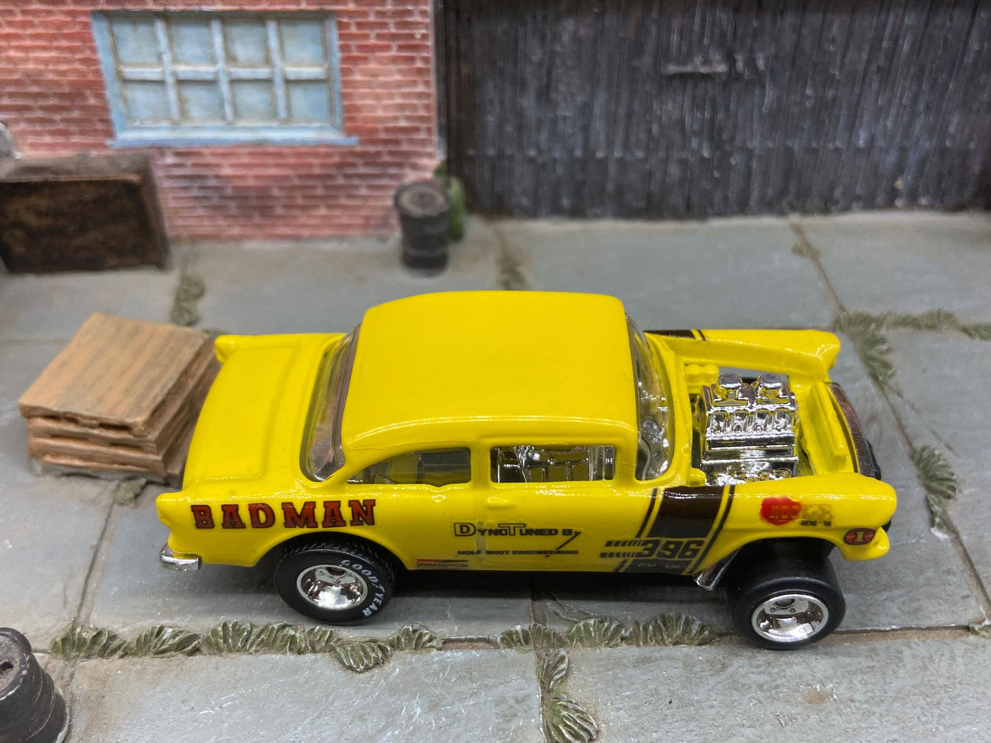 Custom Hot Wheels - 1955 Chevy Gasser Drag Car - Goodyear Drag Slicks - Custom Painted Yellow BADMAN Racing
