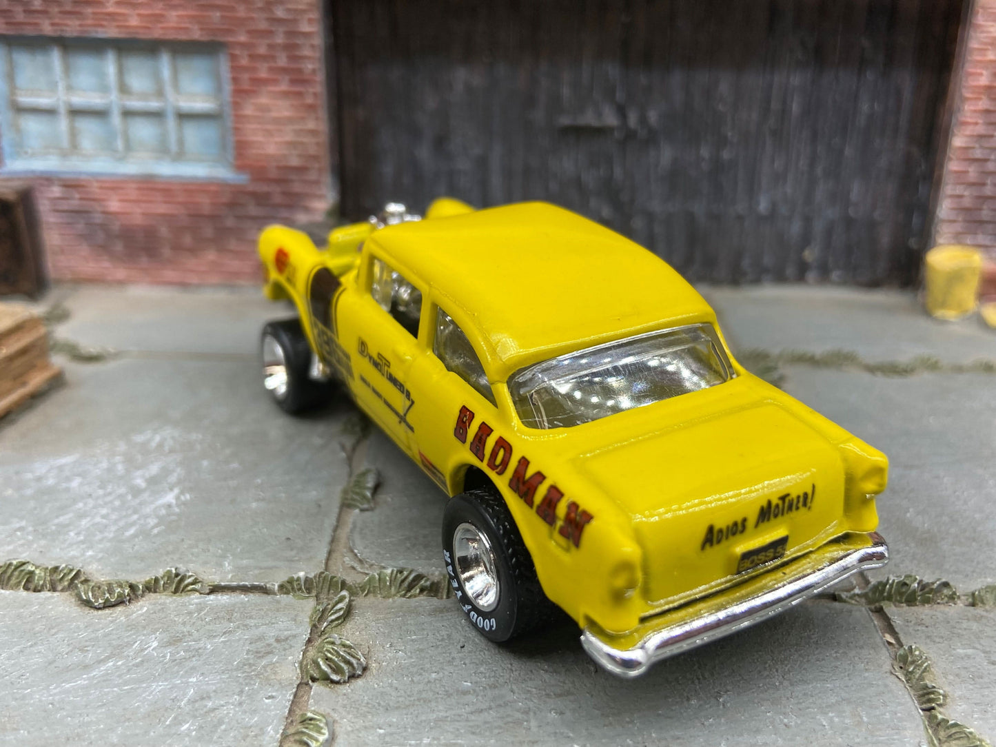 Custom Hot Wheels - 1955 Chevy Gasser Drag Car - Goodyear Drag Slicks - Custom Painted Yellow BADMAN Racing