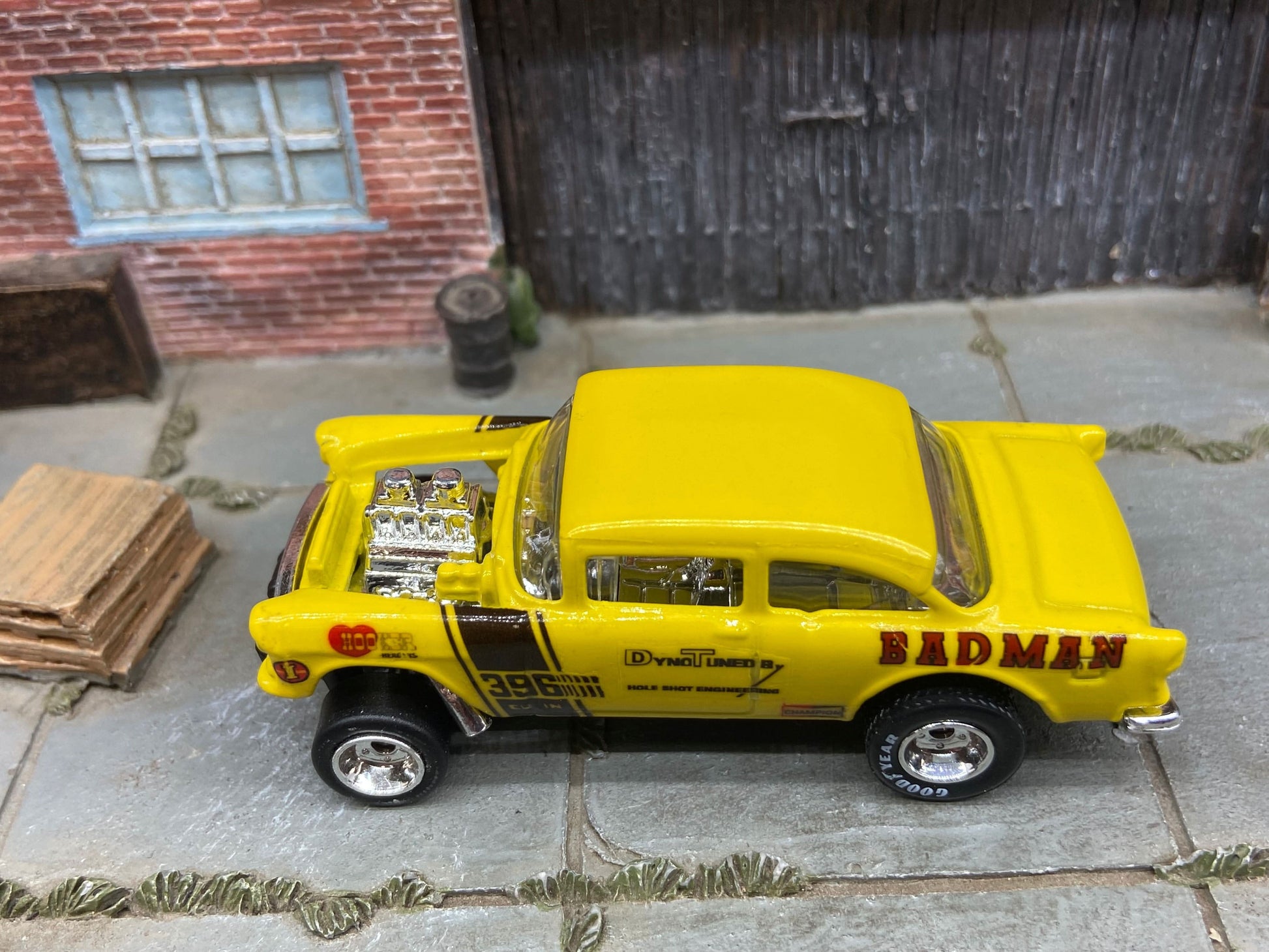 Custom Hot Wheels - 1955 Chevy Gasser Drag Car - Goodyear Drag Slicks - Custom Painted Yellow BADMAN Racing