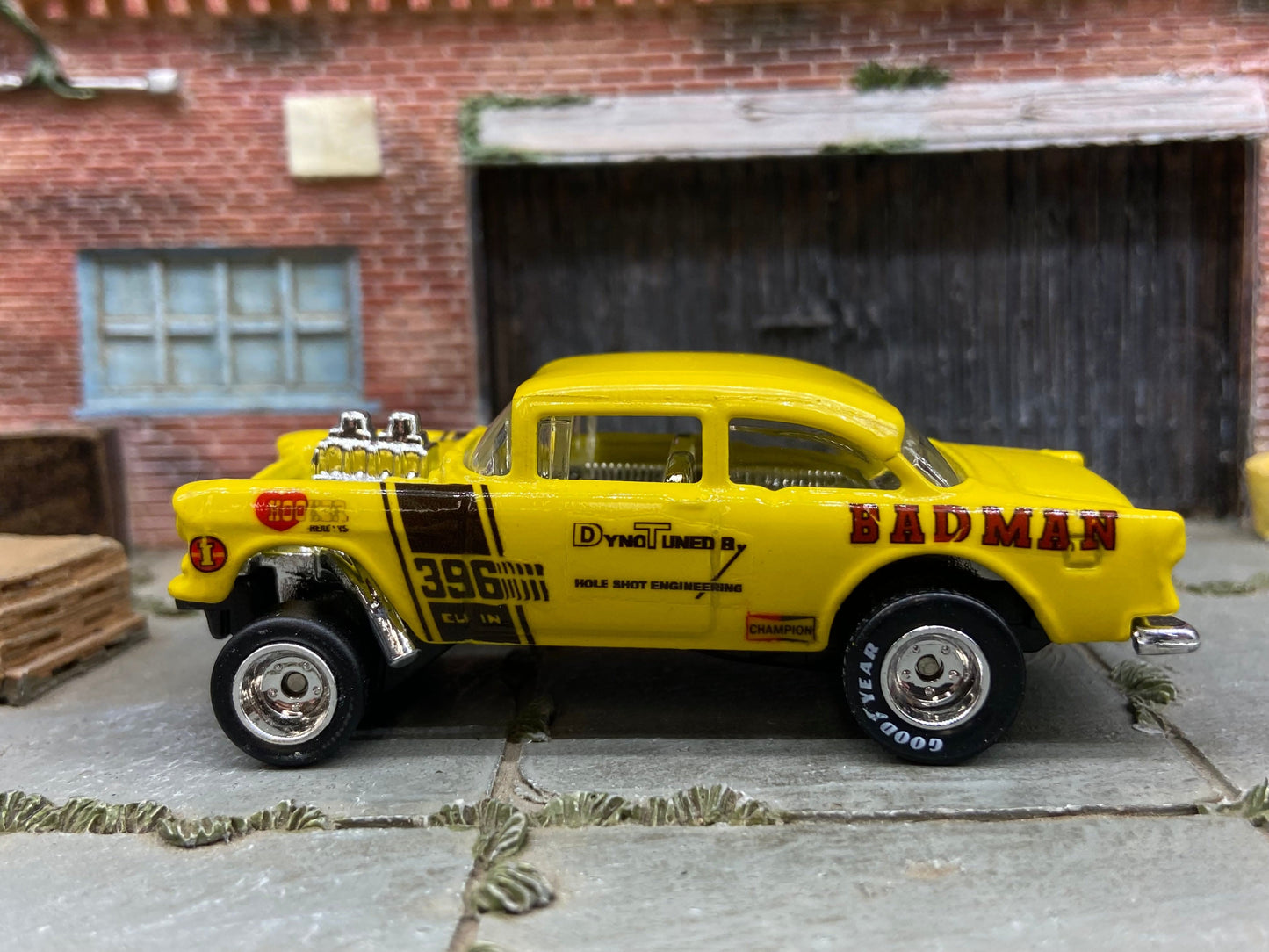 Custom Hot Wheels - 1955 Chevy Gasser Drag Car - Goodyear Drag Slicks - Custom Painted Yellow BADMAN Racing