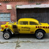 Custom Hot Wheels 1955 Chevy Gasser Drag Car Goodyear Drag Slicks Custom Painted Yellow BADMAN Decals