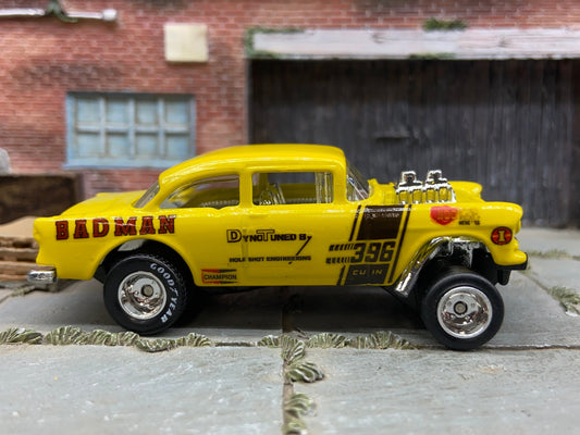 Custom Hot Wheels - 1955 Chevy Gasser Drag Car - Goodyear Drag Slicks - Custom Painted Yellow BADMAN Racing