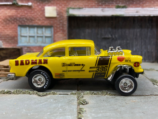 Yellow BADMAN Racing 1955 Chevy Gasser custom Hot Wheels with Goodyear-lettered slicks