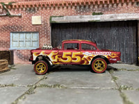 1955 Chevy Gasser custom Hot Wheels, red flames and gold wheels, view 1