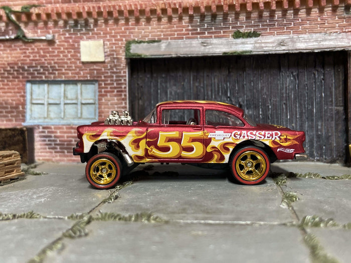 1955 Chevy Gasser custom Hot Wheels, red flames and gold wheels, view 1
