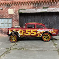 Custom Hot Wheels 1955 Chevy Gasser Drag Car In Red With Flames With Gold 5 Spoke Race Wheels With Redline Rubber Tires