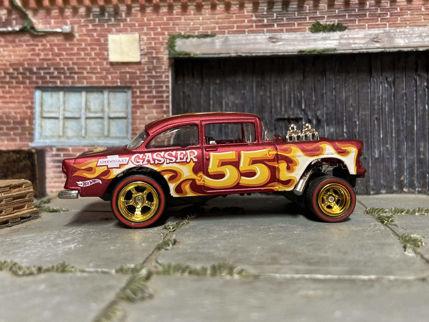 Custom Hot Wheels 1955 Chevy Gasser Drag Car In Red With Flames With Gold 5 Spoke Race Wheels With Redline Rubber Tires