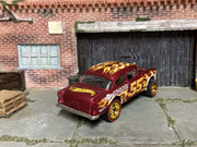 Custom Hot Wheels 1955 Chevy Gasser Drag Car In Red With Flames With Gold 5 Spoke Race Wheels With Redline Rubber Tires