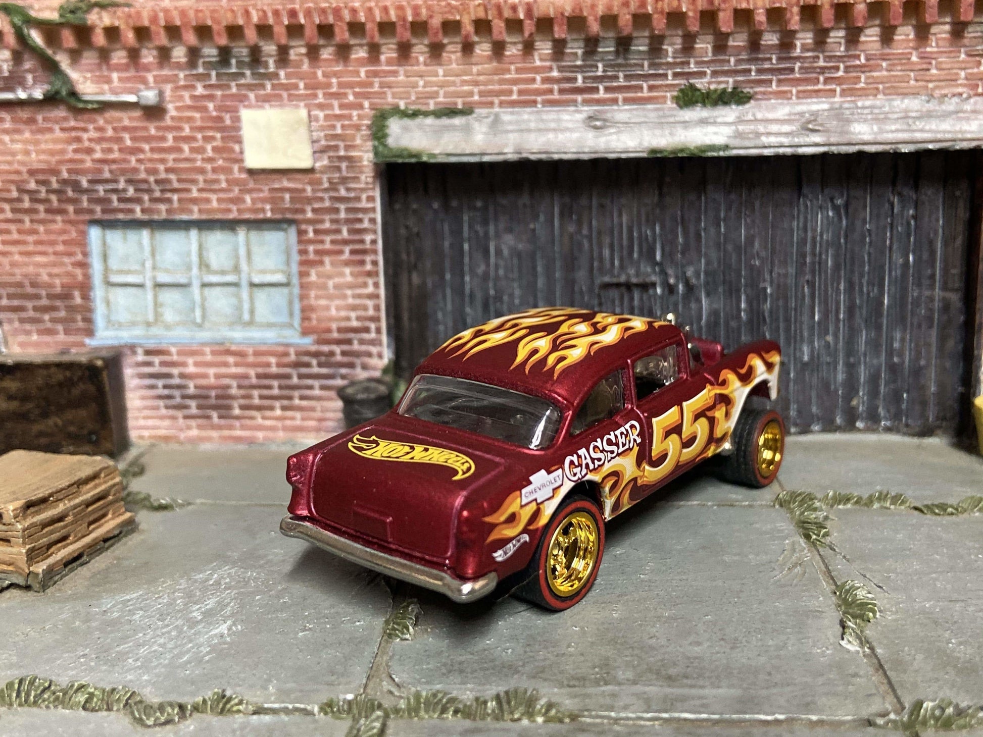 Custom Hot Wheels 1955 Chevy Gasser Drag Car In Red With Flames With Gold 5 Spoke Race Wheels With Redline Rubber Tires