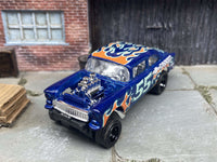 Side view of blue 1955 Chevy Gasser custom Hot Wheels with black race wheels