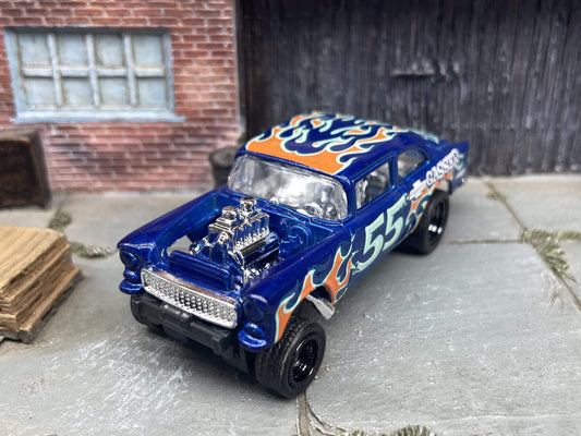 Custom Hot Wheels 1955 Chevy Gasser In Blue With Black 5 Spoke Race Wheels With Rubber Tires