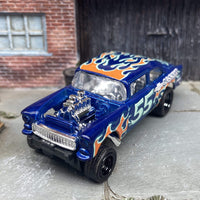Custom Hot Wheels 1955 Chevy Gasser In Blue With Black 5 Spoke Race Wheels With Rubber Tires