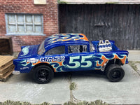 Front three-quarter view of blue 1955 Chevy Gasser custom Hot Wheels with black wheels