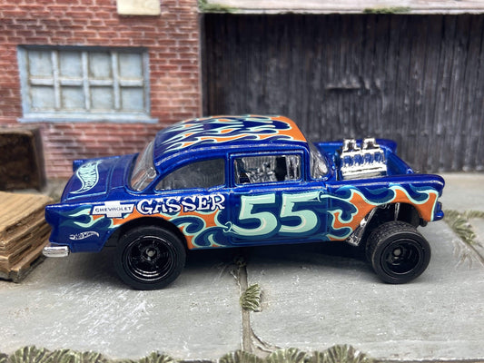 Custom Hot Wheels 1955 Chevy Gasser In Blue With Black 5 Spoke Race Wheels With Rubber Tires