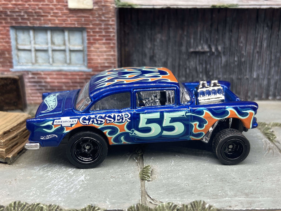 Custom Hot Wheels 1955 Chevy Gasser In Blue With Black 5 Spoke Race Wheels With Rubber Tires