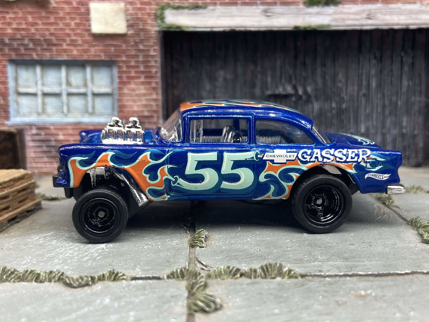 Custom Hot Wheels 1955 Chevy Gasser In Blue With Black 5 Spoke Race Wheels With Rubber Tires