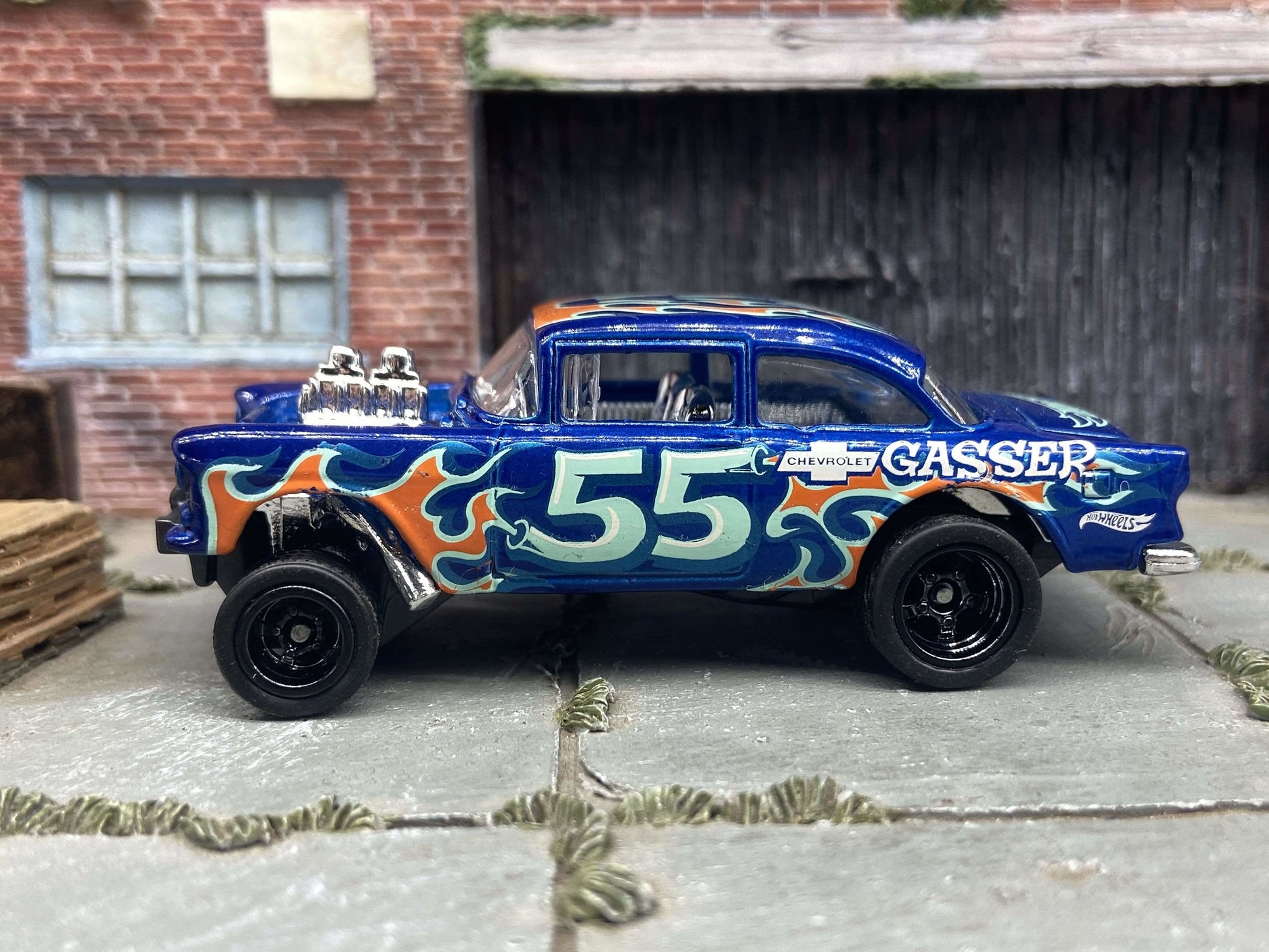 Custom Hot Wheels 1955 Chevy Gasser In Blue With Black 5 Spoke Race Wheels With Rubber Tires