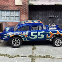 Custom Hot Wheels 1955 Chevy Gasser In Blue With Chrome 5 Spoke Race Wheels With Rubber Tires