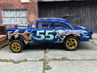 Front three-quarter view of blue 1955 Chevy Gasser custom Hot Wheels with gold wheels