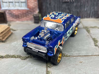 Side view of blue 1955 Chevy Gasser custom Hot Wheels with gold race wheels
