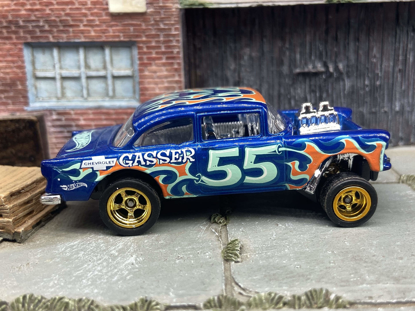 Custom Hot Wheels 1955 Chevy Gasser In Blue With Gold 5 Spoke Race Wheels With Rubber Tires