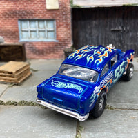 Custom Hot Wheels 1955 Chevy Gasser In Blue With Race Wheels and Firestone Cheater Slicks