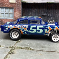 Custom Hot Wheels 1955 Chevy Gasser In Blue With Race Wheels and Goodyear Pizza Cutter Cheater Slicks
