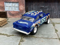 Blue 1955 Chevy Gasser custom Hot Wheels with white six-spoke wheels, view 2