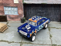 Blue 1955 Chevy Gasser custom Hot Wheels with white six-spoke wheels, view 3