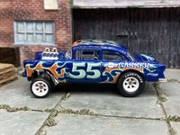 Blue 1955 Chevy Gasser custom Hot Wheels with white six-spoke wheels, view 4