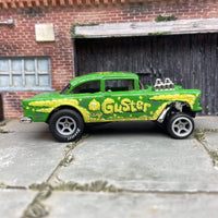 Custom Hot Wheels 1955 Chevy Gasser In "Guster" Storm Green and Yellow With Race Wheels and Hoosier Cheater Slicks