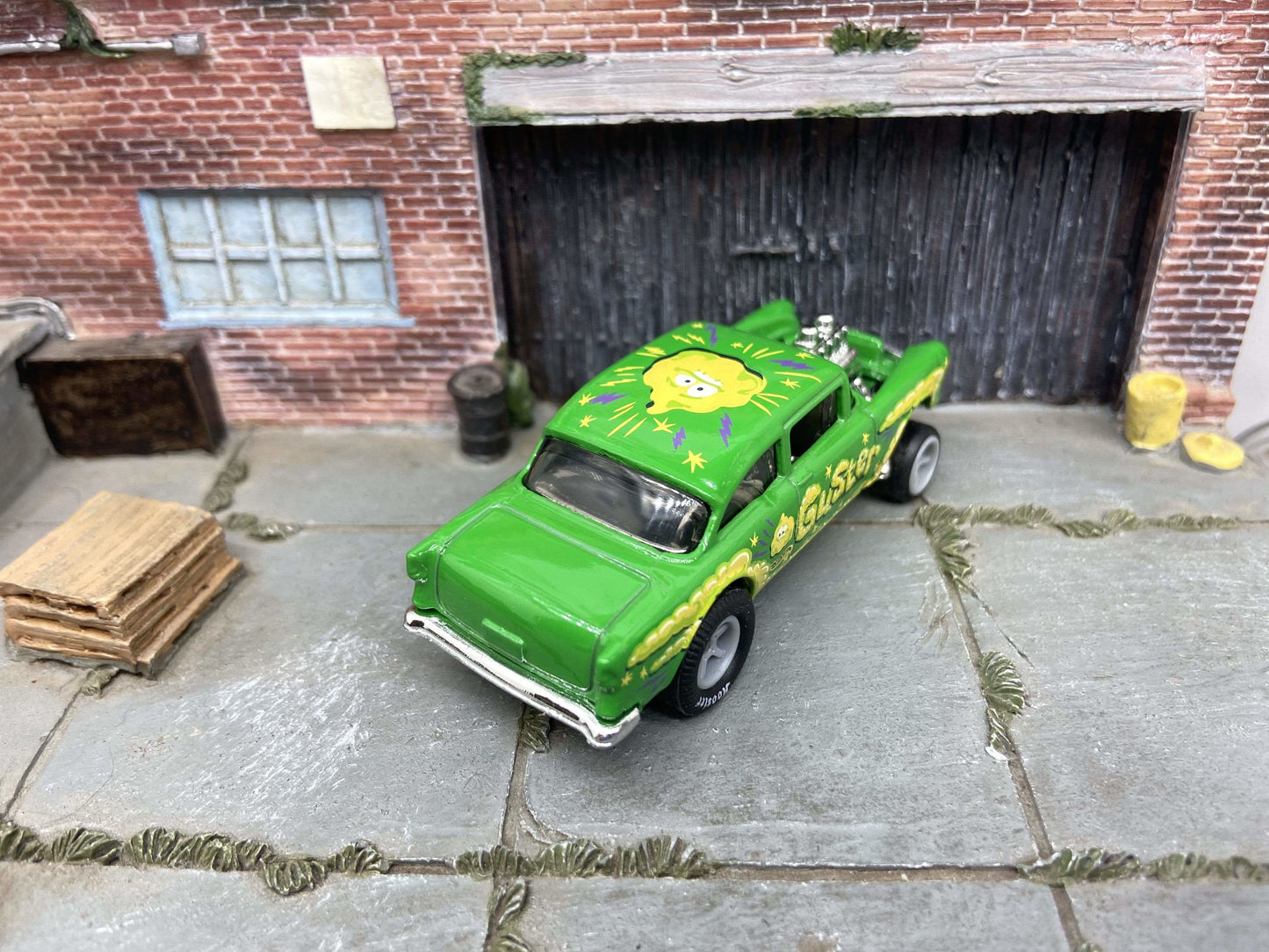 Custom Hot Wheels - 1955 Chevy Gasser - Guster Green and Yellow - Gray 6 Spoke Wheels - Hoosier Rubber Tires