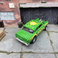 Custom Hot Wheels 1955 Chevy Gasser In "Guster" Storm Green and Yellow With Race Wheels and Hoosier Cheater Slicks