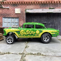 Custom Hot Wheels 1955 Chevy Gasser In "Guster" Storm Green and Yellow With Race Wheels and Hoosier Cheater Slicks