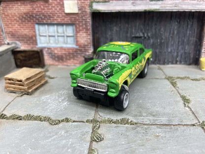 Custom Hot Wheels - 1955 Chevy Gasser - Guster Green and Yellow - Gray 6 Spoke Wheels - Hoosier Rubber Tires