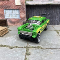 Custom Hot Wheels 1955 Chevy Gasser In "Guster" Storm Green and Yellow With Race Wheels and Hoosier Cheater Slicks