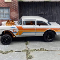 Custom Hot Wheels 1955 Chevy Gasser In Pearl White and Copper With Black 5 Spoke Race Wheels With Rubber Tires