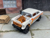 Side view of pearl white and copper 1955 Chevy Gasser custom Hot Wheels