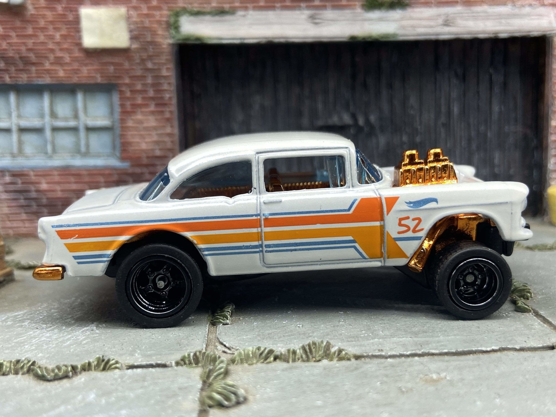 Custom Hot Wheels 1955 Chevy Gasser In Pearl White and Copper With Black 5 Spoke Race Wheels With Rubber Tires
