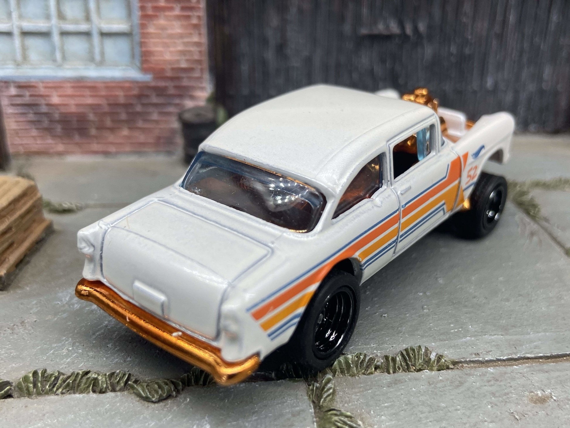 Custom Hot Wheels 1955 Chevy Gasser In Pearl White and Copper With Black 5 Spoke Race Wheels With Rubber Tires