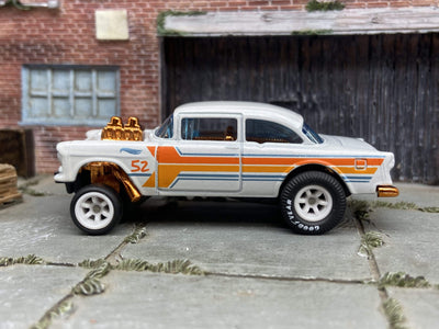 Custom Hot Wheels 1955 Chevy Gasser In Pearl White and Copper With Drag Wheels and Goodyear Cheater Slicks